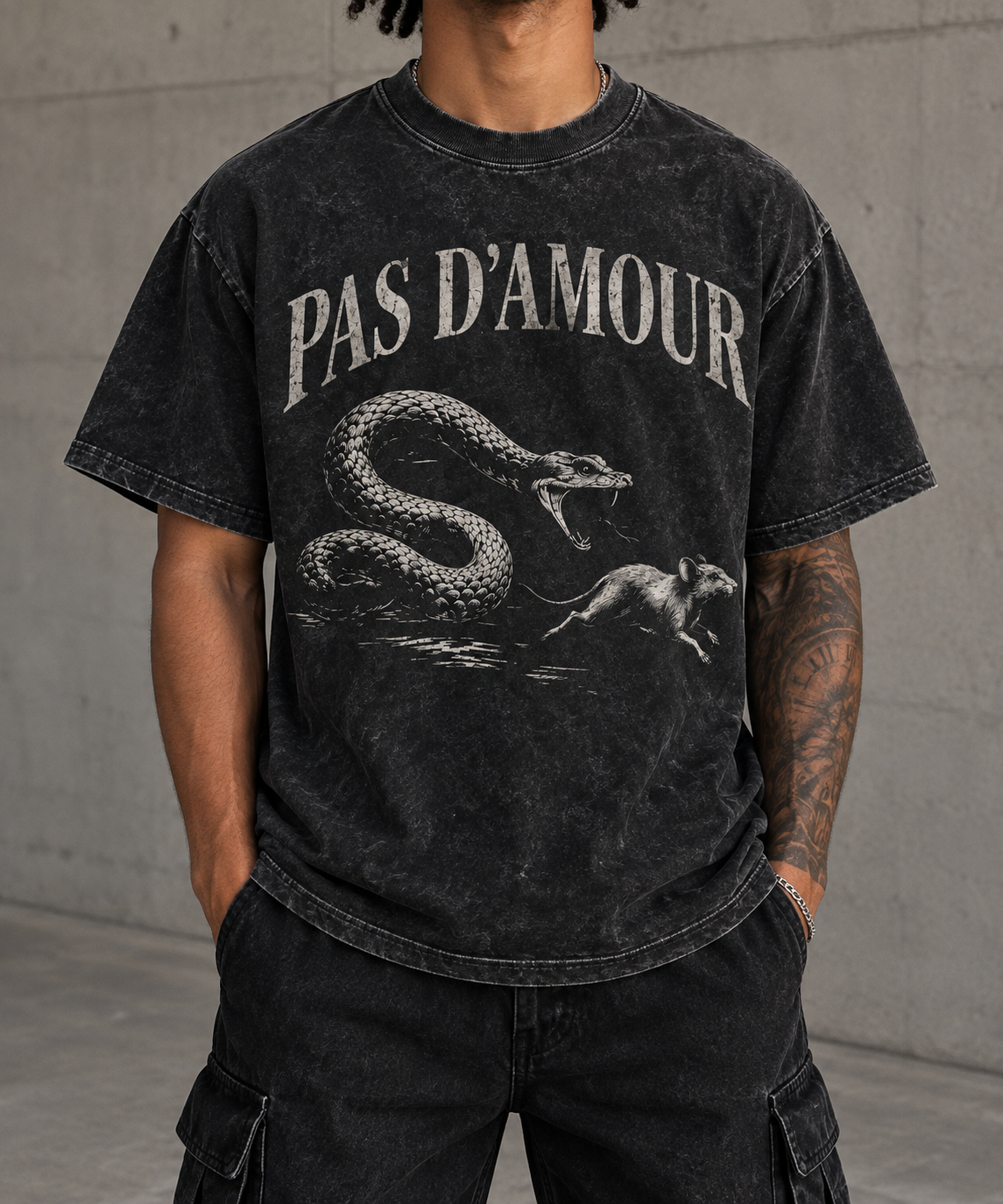 Black Acid Washed T- Shirt - Snakes and Rats